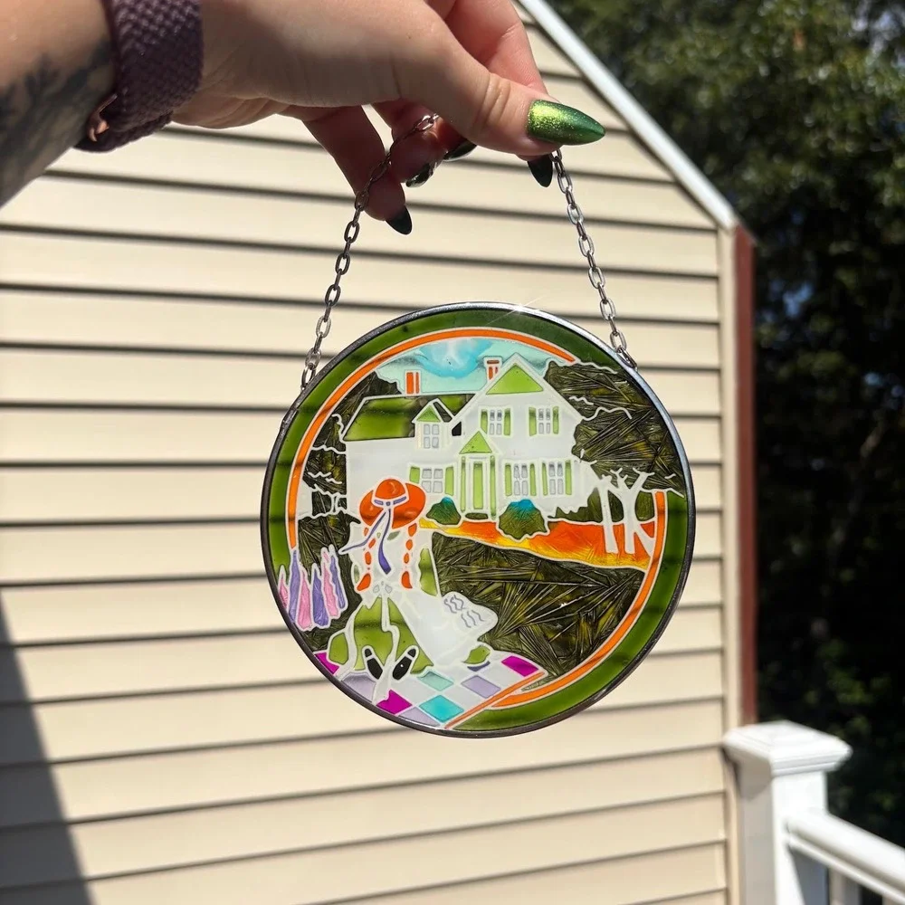 Vintage Stained Glass Suncatcher Farmhouse Girl in Red Hat Window Hanging 5.5